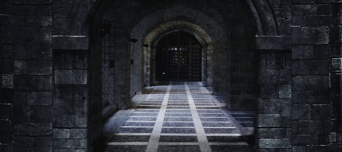 Dimly lit tiled corridor through archways . A heavy metal grate waits at the end. What's behind it?