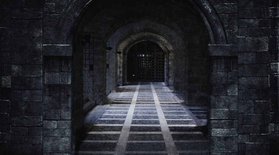 Dimly lit tiled corridor through archways . A heavy metal grate waits at the end. What's behind it?