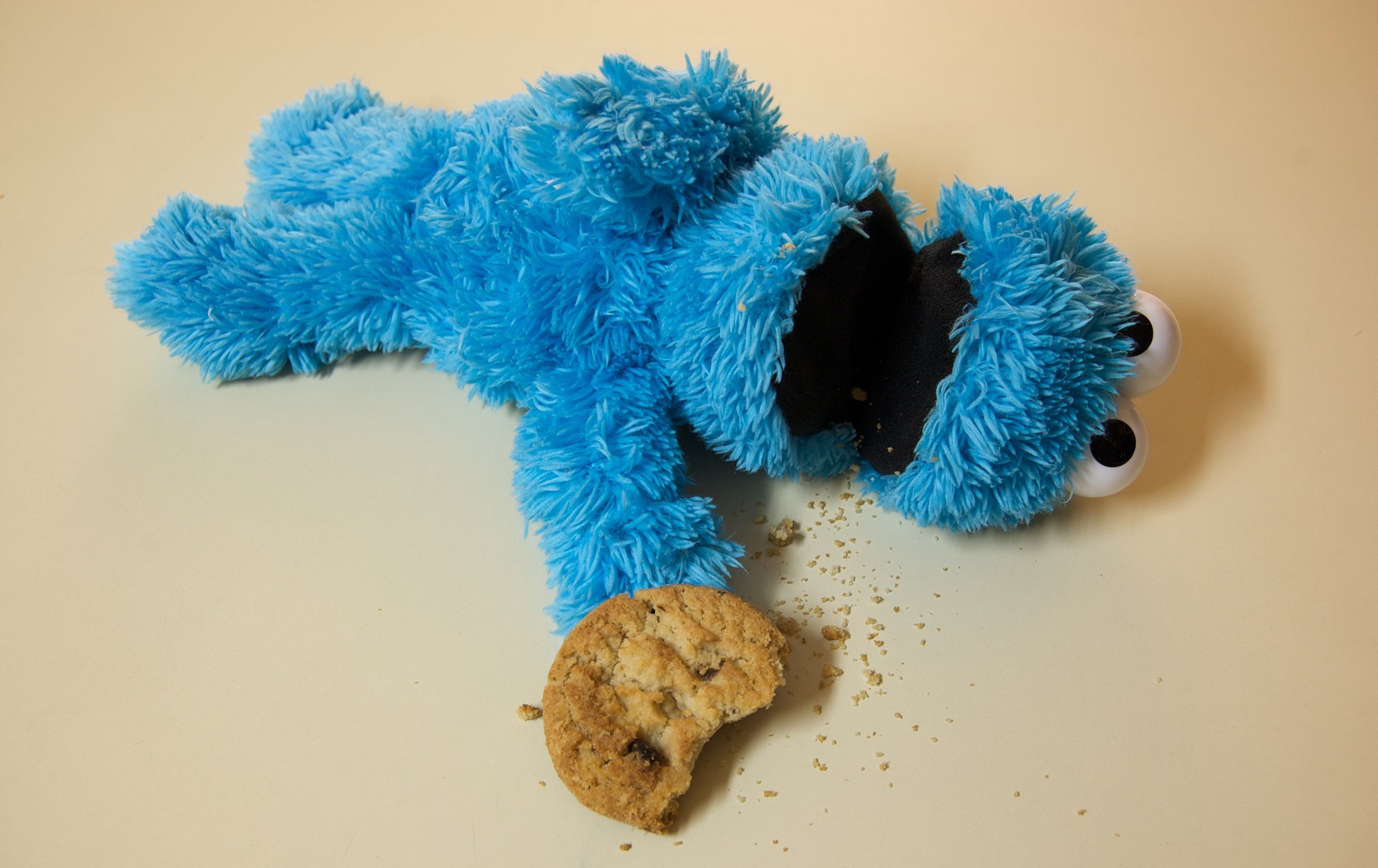 plush Cookie Monster lying on its back, apparently dead, cookie with one bite taken out left at tip of outstretched hand