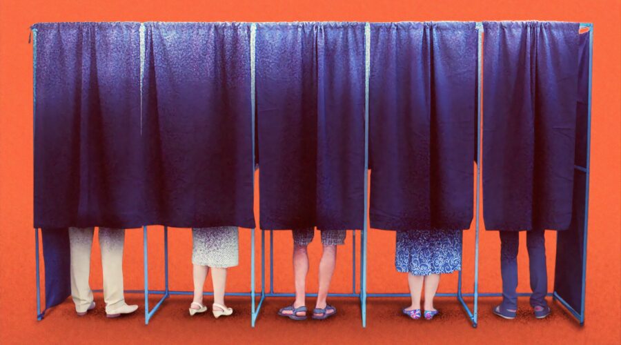 Five people stand in polling stations, white legs exposed but torsos hidden behind curtains. How hard will it be to recreate this scene in November?