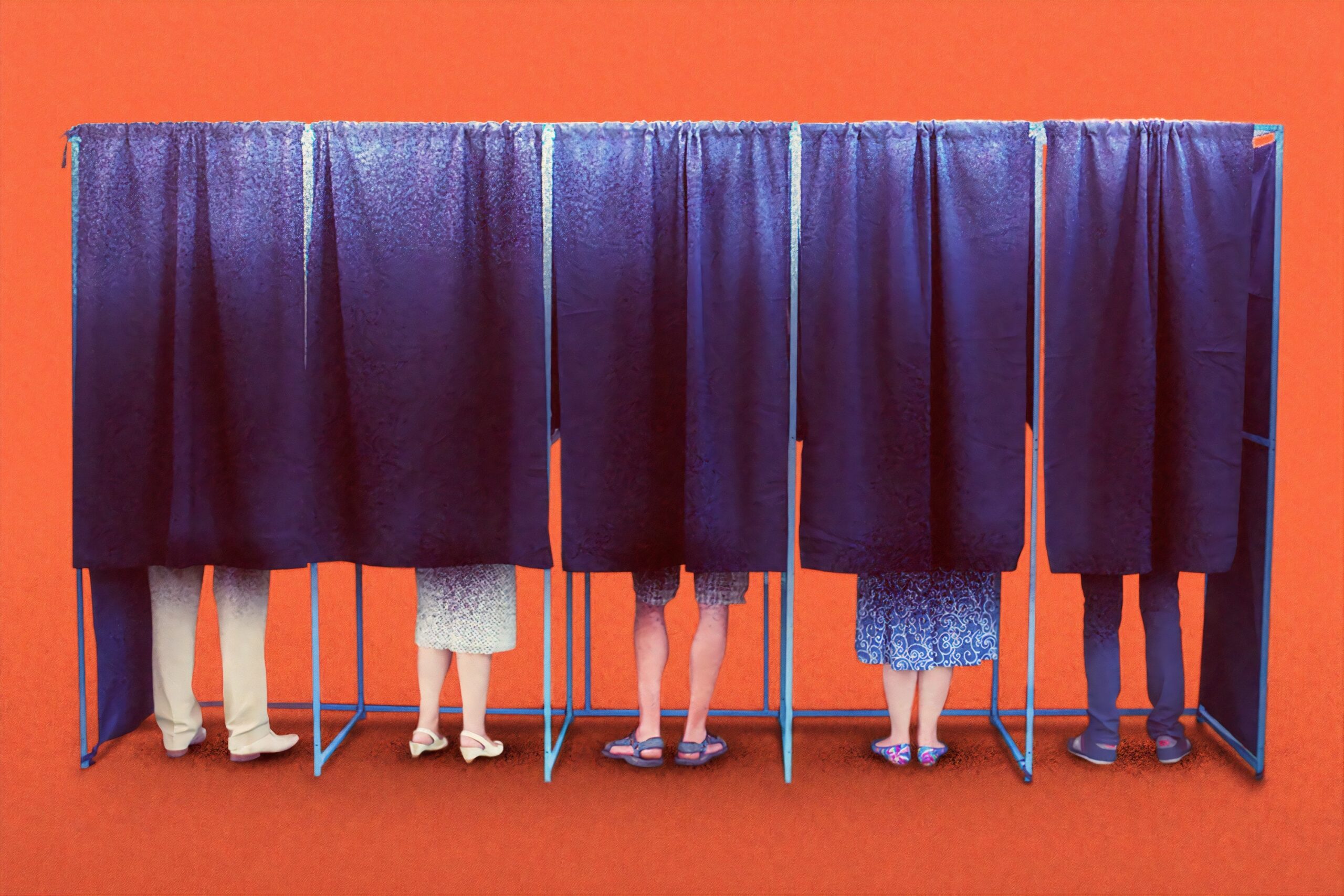 Five people stand in polling stations, white legs exposed but torsos hidden behind curtains. How hard will it be to recreate this scene in November?
