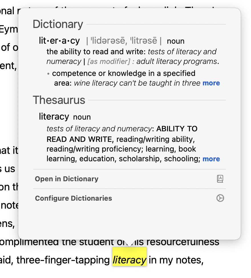 Screenshot of the text of this post being edited. The word "literacy" is highlighted, and the dictionary definition is popped up from that word.
